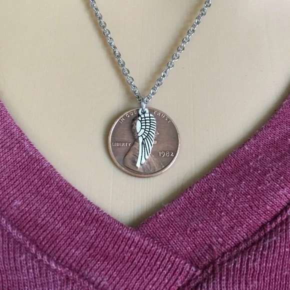 1959-1969 Lucky Penny Necklace Angel Wing Memorial Stainless Steel Coin Money - Picture 9 of 11